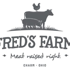 Farm logo showing a cow with a chicken perched on its back, grass at the base, and the text 'FRED'S FARM' beneath.