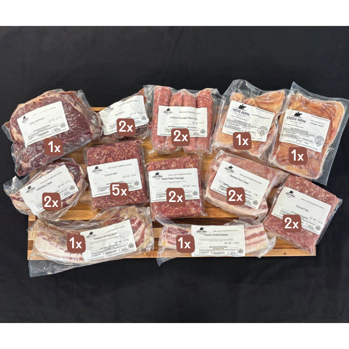 Assorted vacuum-sealed meat cuts and sausages arranged on a wooden board with quantity labels (1x, 2x, 5x).