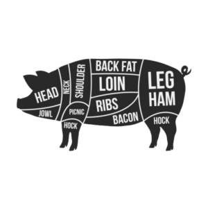 Silhouette of a pig segmented into labeled pork cuts (head, jowl, neck, shoulder, picnic, hock, back fat, loin, ribs, bacon, leg, ham).