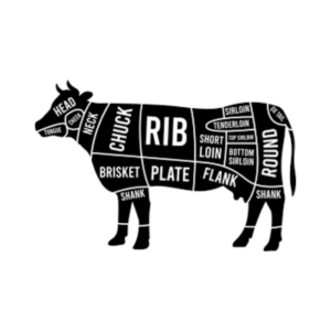 Silhouette diagram of a cow with labeled beef cuts (rib, chuck, brisket, plate, flank, shank) showing where each cut comes from.
