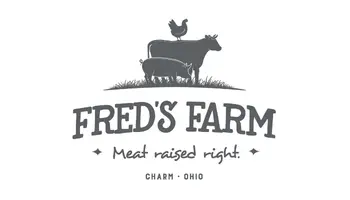 Fred's Farm logo with cow, pig, and chicken on grass, slogan 'Meat raised right' and 'Charm, Ohio'